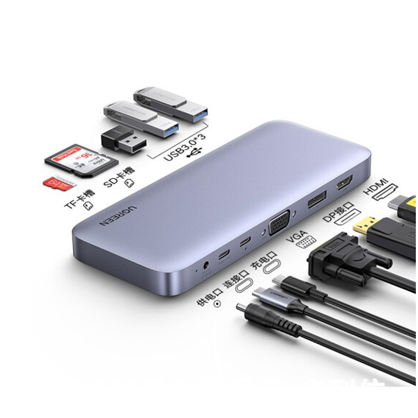 Bộ chuyển Type C Ugreen to HDMI + VGA + DP + USB 3.0 + Card Reader + Type C 70305