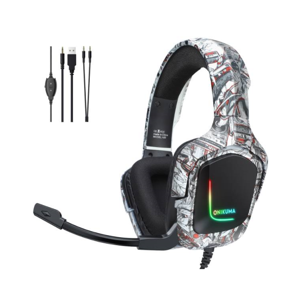 Tai Nghe Chơi Game Chuyên Nghiệp ONIKUMA K20 Rằn Ri Trắng, Có Dây + Mic + Đèn Led RGB - Hàng Chính Hãng...